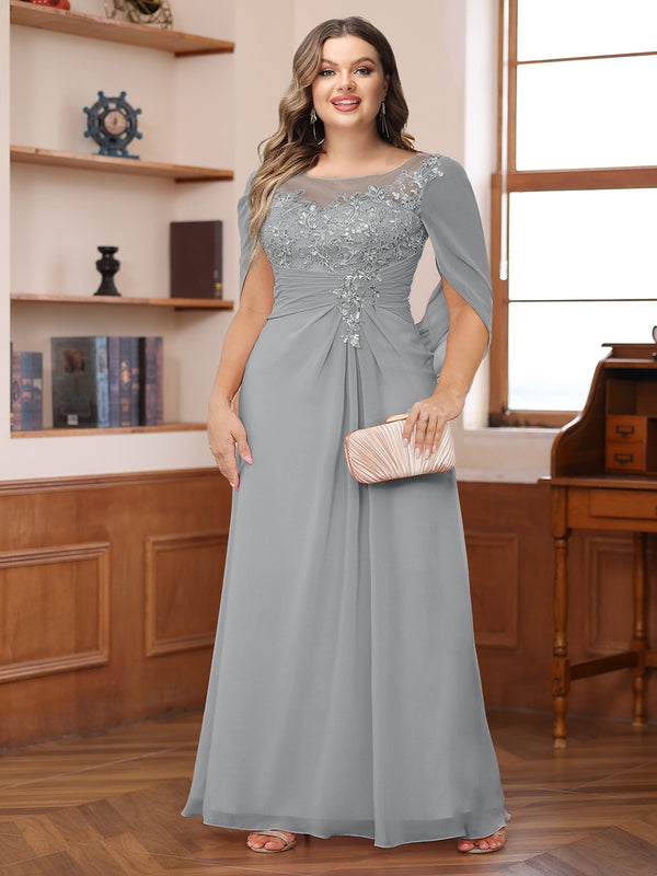 A-Line/Princess Illusion Scoop Appliques Ruched Plus Size Mother of the Bride Dresses with Cape
