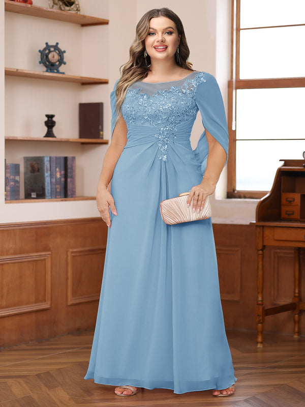 A-Line/Princess Illusion Scoop Appliques Ruched Plus Size Mother of the Bride Dresses with Cape