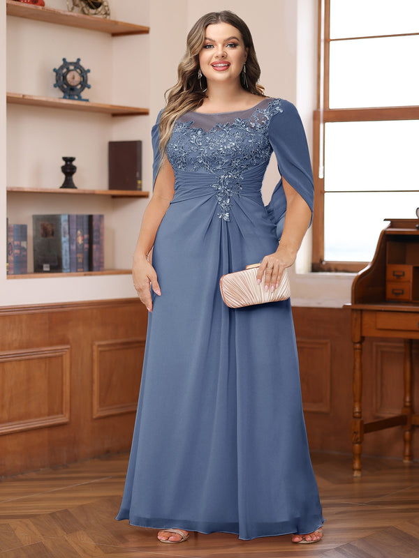 A-Line/Princess Illusion Scoop Appliques Ruched Plus Size Mother of the Bride Dresses with Cape