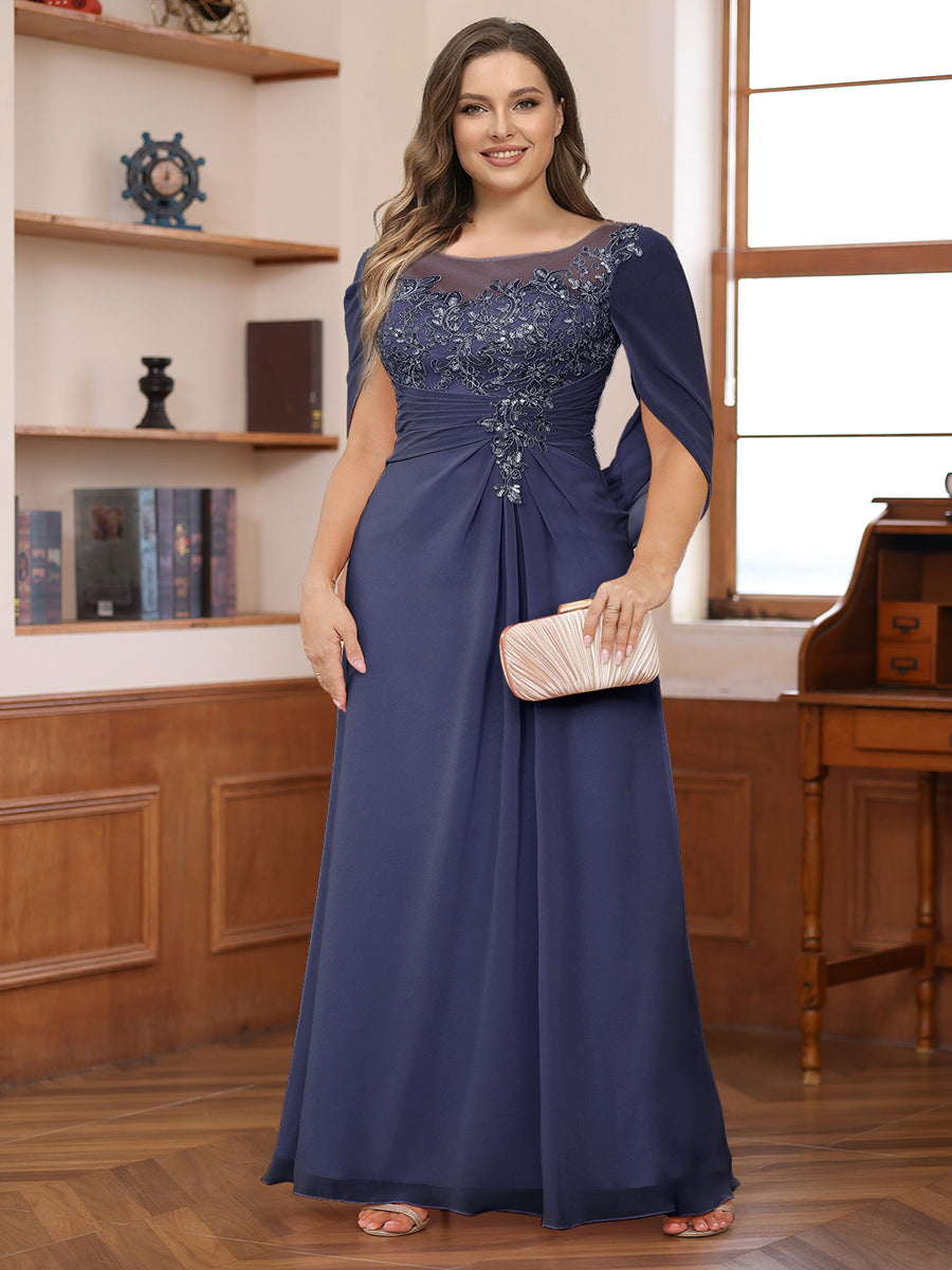 A-Line/Princess Illusion Scoop Appliques Ruched Plus Size Mother of the Bride Dresses with Cape