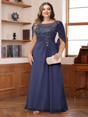A-Line/Princess Illusion Scoop Appliques Ruched Plus Size Mother of the Bride Dresses with Cape