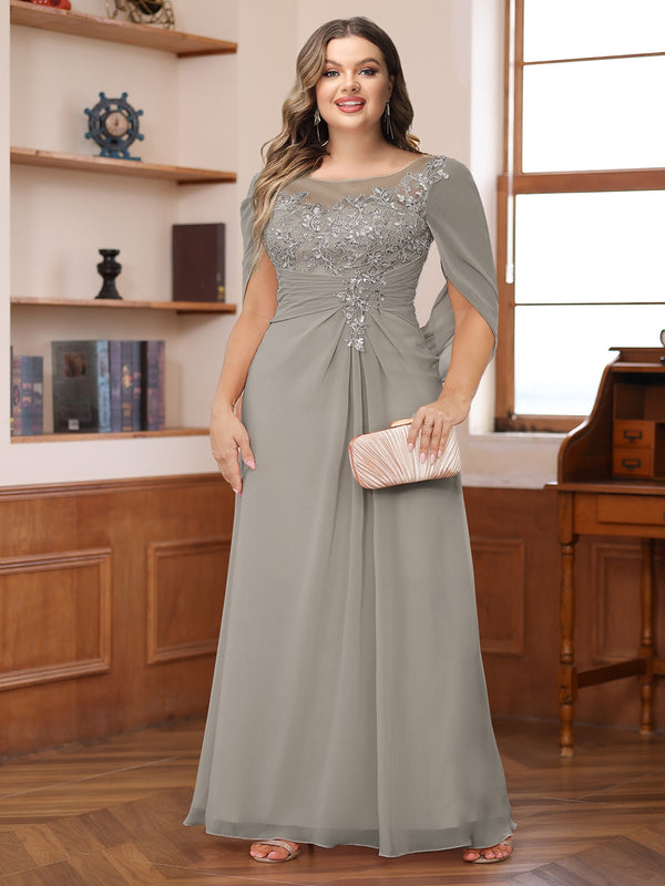 A-Line/Princess Illusion Scoop Appliques Ruched Plus Size Mother of the Bride Dresses with Cape