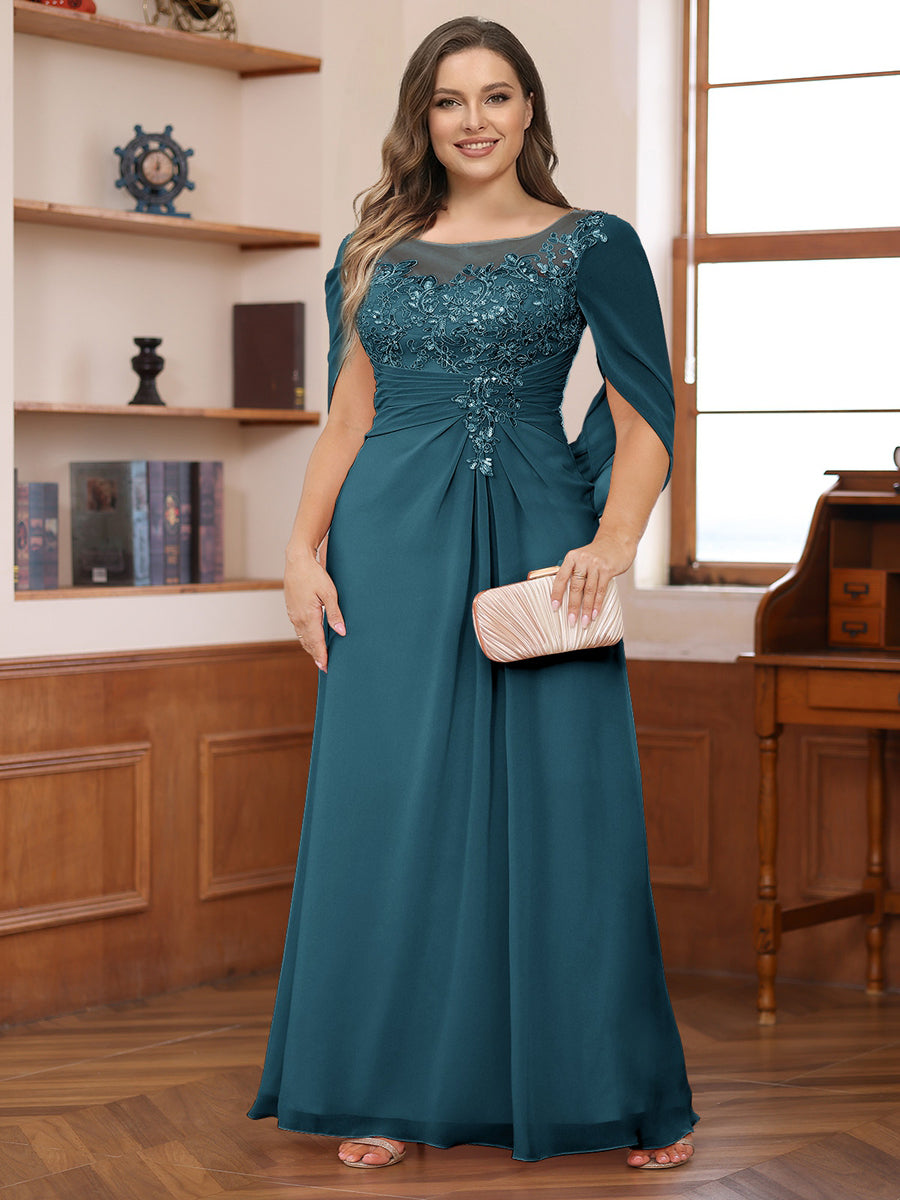 A-Line/Princess Illusion Scoop Appliques Ruched Plus Size Mother of the Bride Dresses with Cape