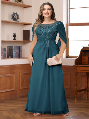 A-Line/Princess Illusion Scoop Appliques Ruched Plus Size Mother of the Bride Dresses with Cape