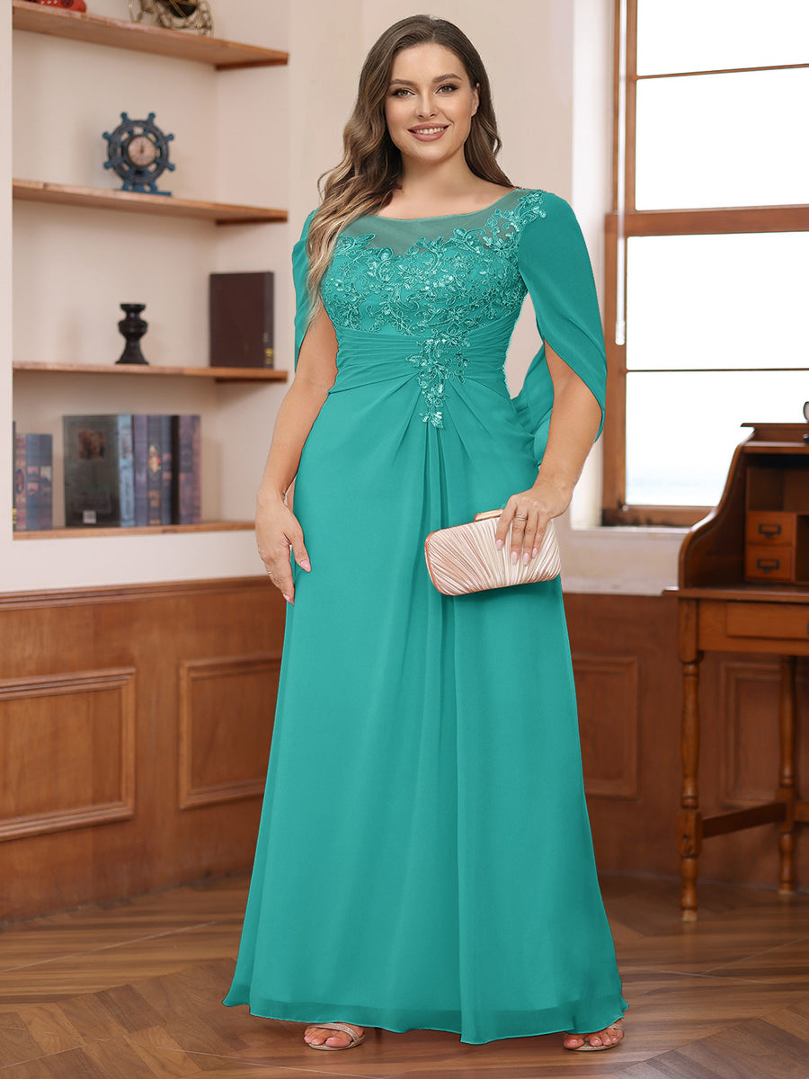A-Line/Princess Illusion Scoop Appliques Ruched Plus Size Mother of the Bride Dresses with Cape