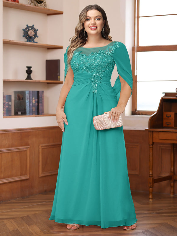 A-Line/Princess Illusion Scoop Appliques Ruched Plus Size Mother of the Bride Dresses with Cape