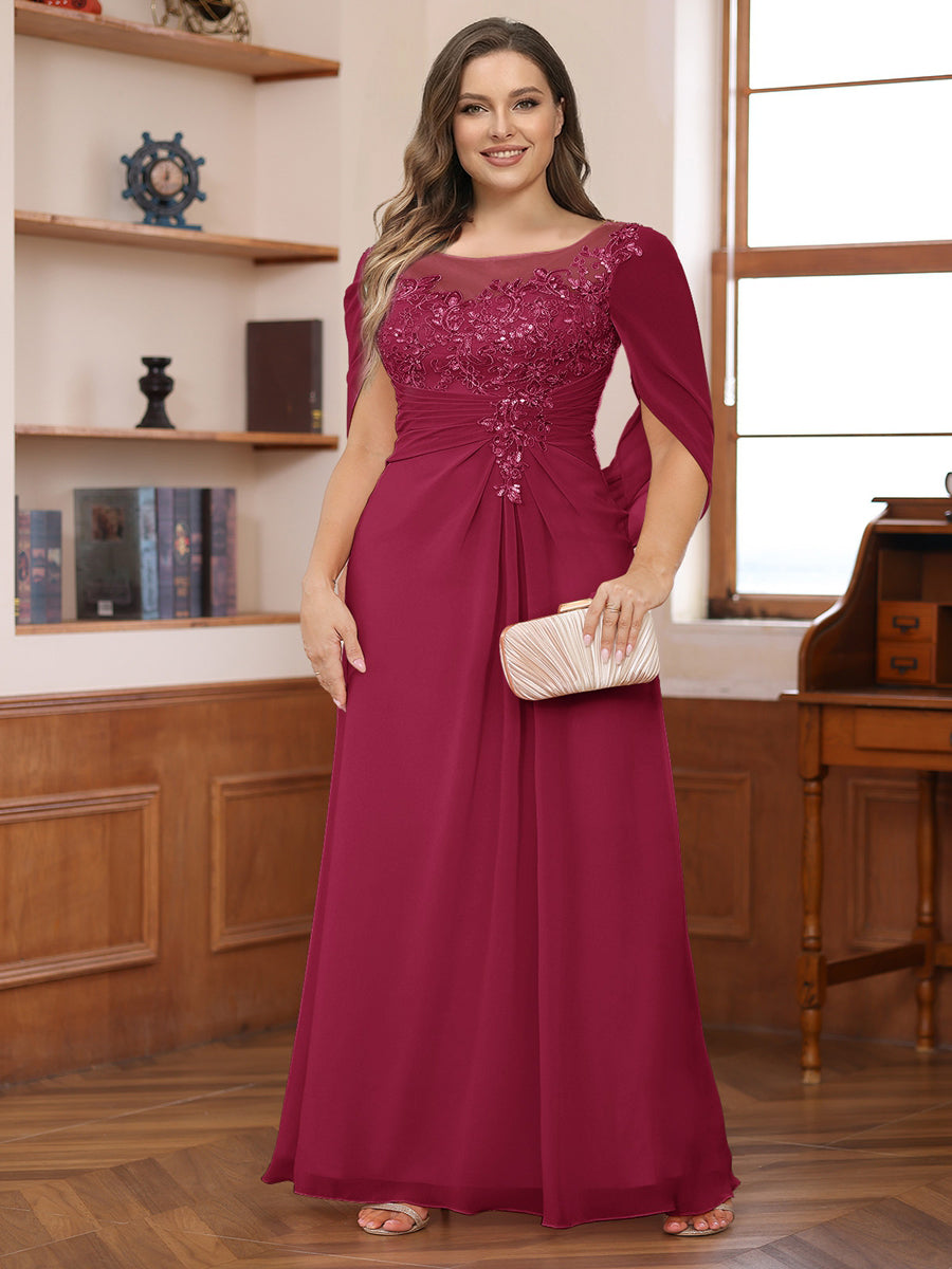A-Line/Princess Illusion Scoop Appliques Ruched Plus Size Mother of the Bride Dresses with Cape
