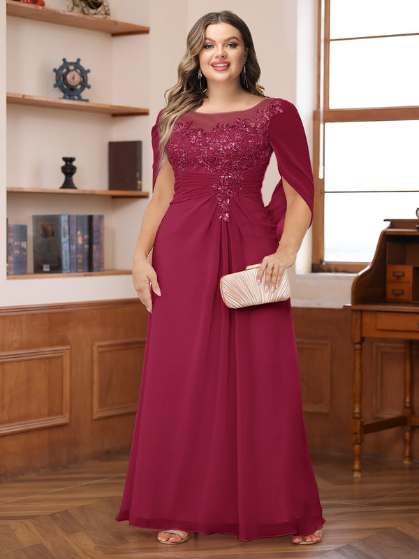 A-Line/Princess Illusion Scoop Appliques Ruched Plus Size Mother of the Bride Dresses with Cape