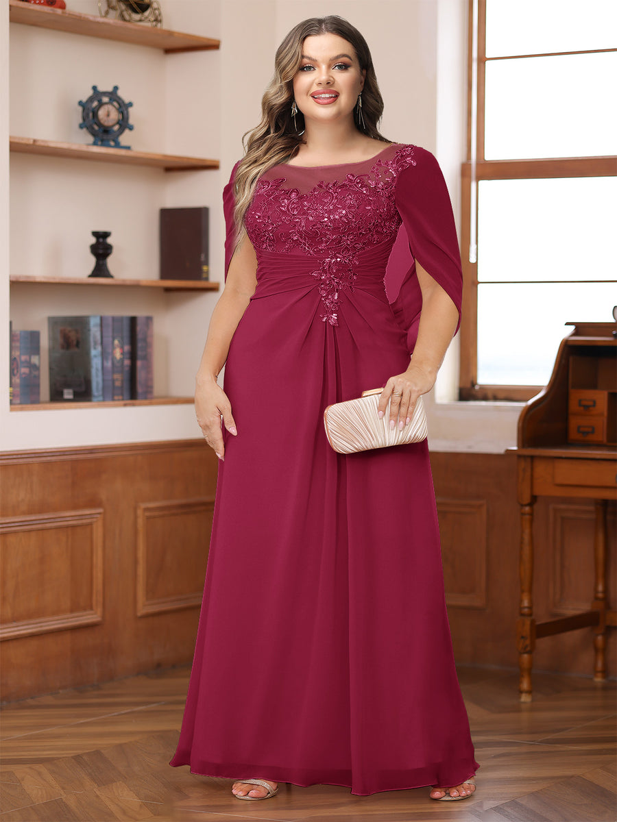 A-Line/Princess Illusion Scoop Appliques Ruched Plus Size Mother of the Bride Dresses with Cape