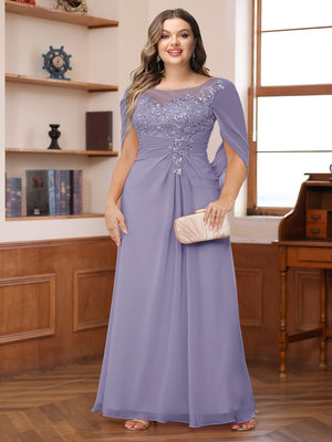 A-Line/Princess Illusion Scoop Appliques Ruched Plus Size Mother of the Bride Dresses with Cape