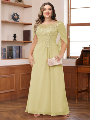 A-Line/Princess Illusion Scoop Appliques Ruched Plus Size Mother of the Bride Dresses with Cape