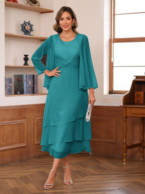 A-Line/Princess Scoop Two Pieces Tiered Mother of the Bride Dresses with Jacket