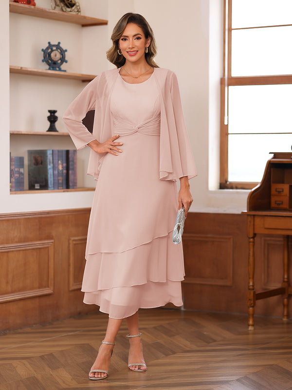 A-Line/Princess Scoop Two Pieces Tiered Mother of the Bride Dresses with Jacket