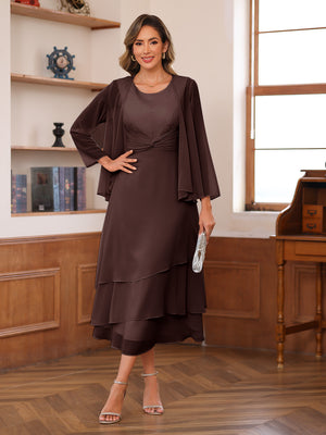 A-Line/Princess Scoop Two Pieces Tiered Mother of the Bride Dresses with Jacket