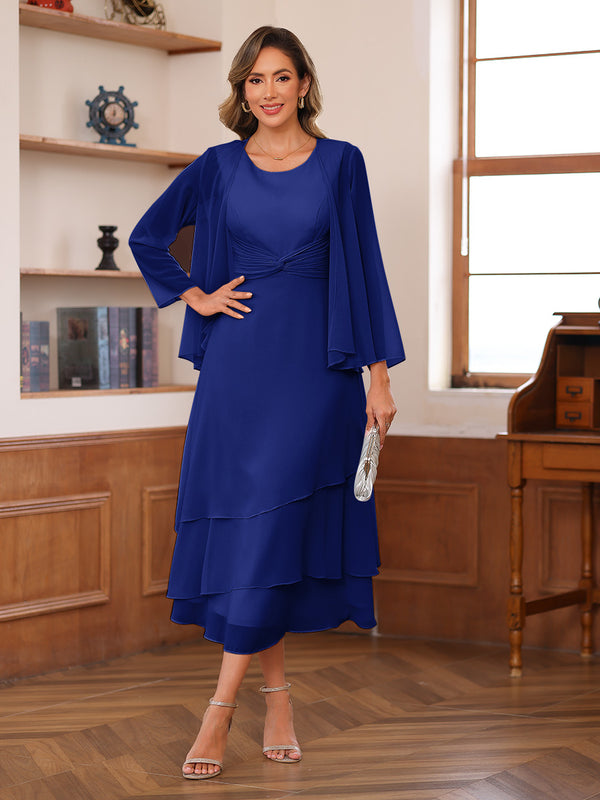 A-Line/Princess Scoop Two Pieces Tiered Mother of the Bride Dresses with Jacket