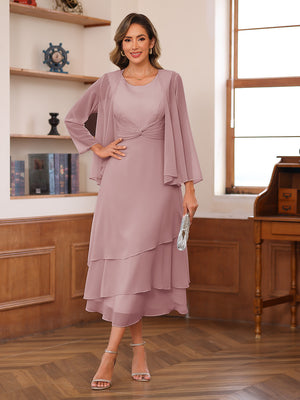 A-Line/Princess Scoop Two Pieces Tiered Mother of the Bride Dresses with Jacket