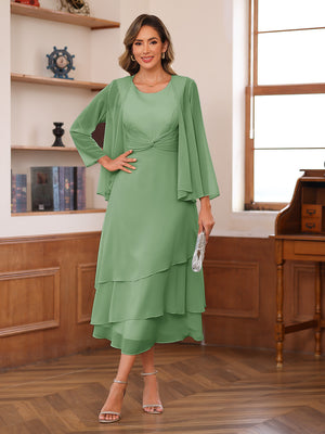 A-Line/Princess Scoop Two Pieces Tiered Mother of the Bride Dresses with Jacket