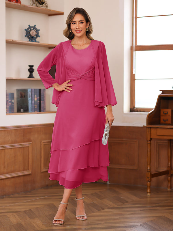 A-Line/Princess Scoop Two Pieces Tiered Mother of the Bride Dresses with Jacket