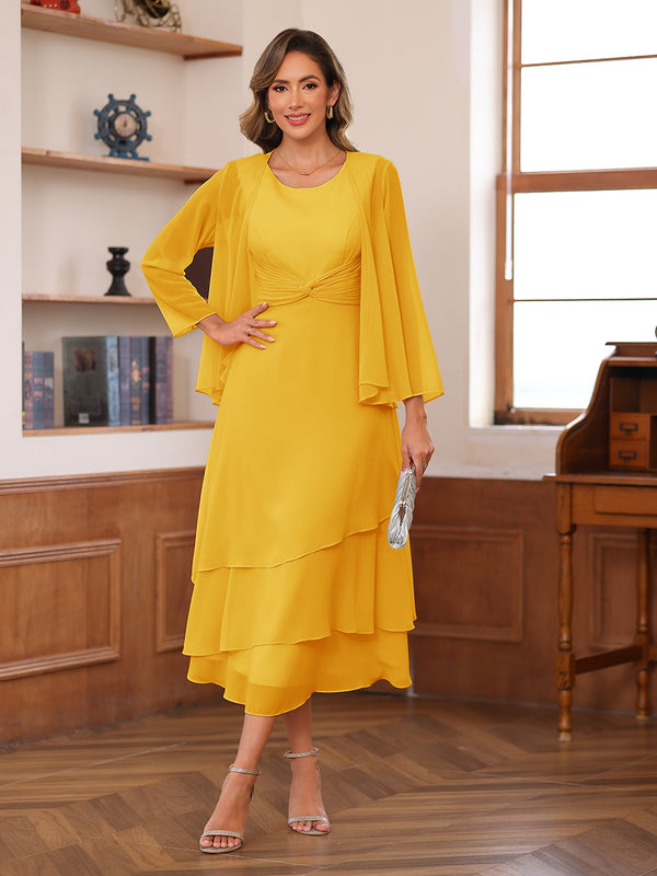 A-Line/Princess Scoop Two Pieces Tiered Mother of the Bride Dresses with Jacket