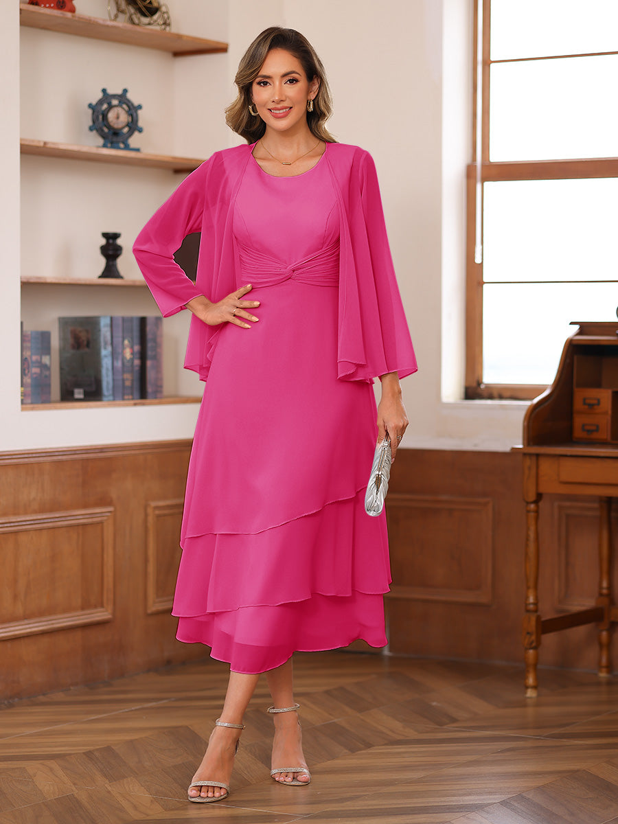A-Line/Princess Scoop Two Pieces Tiered Mother of the Bride Dresses with Jacket