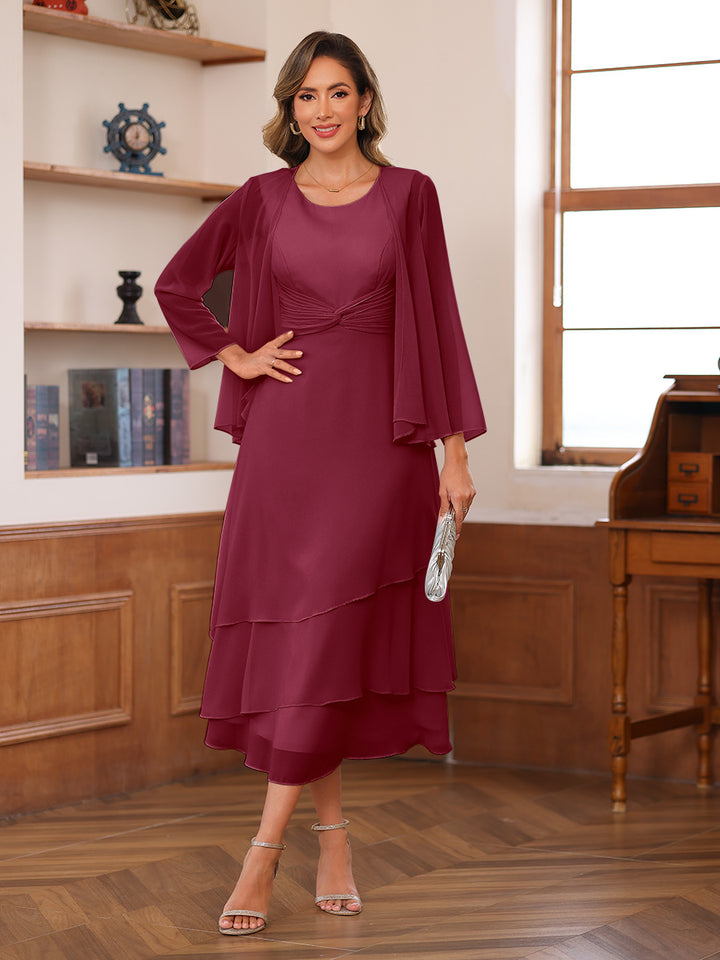 A-Line/Princess Scoop Two Pieces Tiered Mother of the Bride Dresses with Jacket
