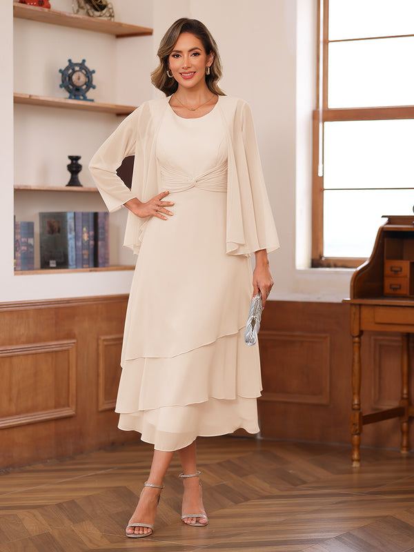 A-Line/Princess Scoop Two Pieces Tiered Mother of the Bride Dresses with Jacket