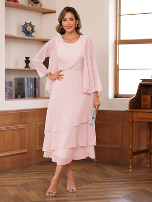 A-Line/Princess Scoop Two Pieces Tiered Mother of the Bride Dresses with Jacket