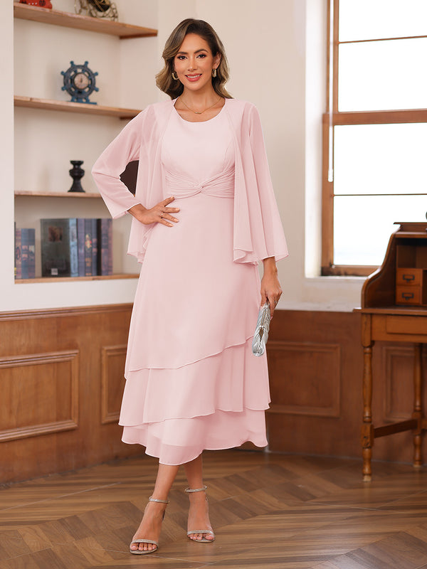 A-Line/Princess Scoop Two Pieces Tiered Mother of the Bride Dresses with Jacket