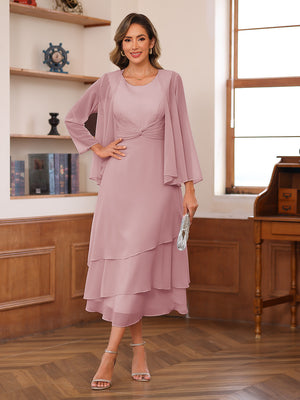 A-Line/Princess Scoop Two Pieces Tiered Mother of the Bride Dresses with Jacket