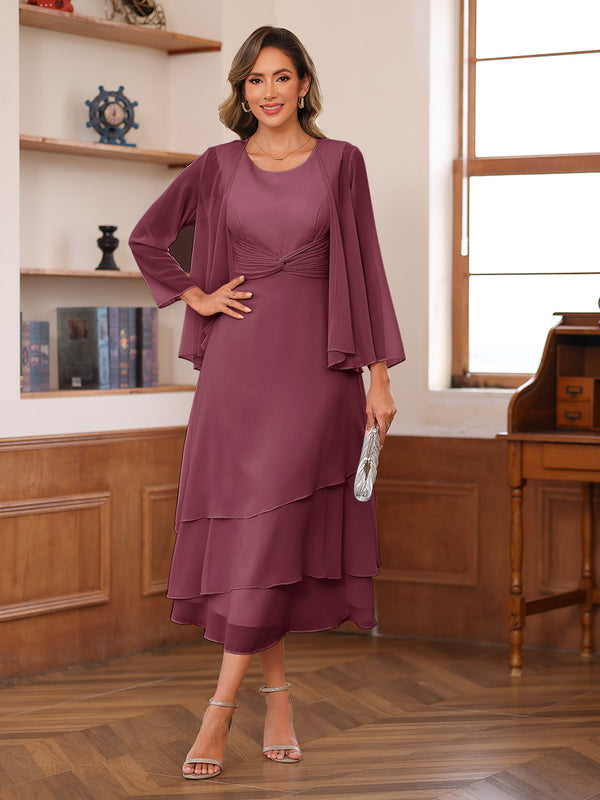 A-Line/Princess Scoop Two Pieces Tiered Mother of the Bride Dresses with Jacket