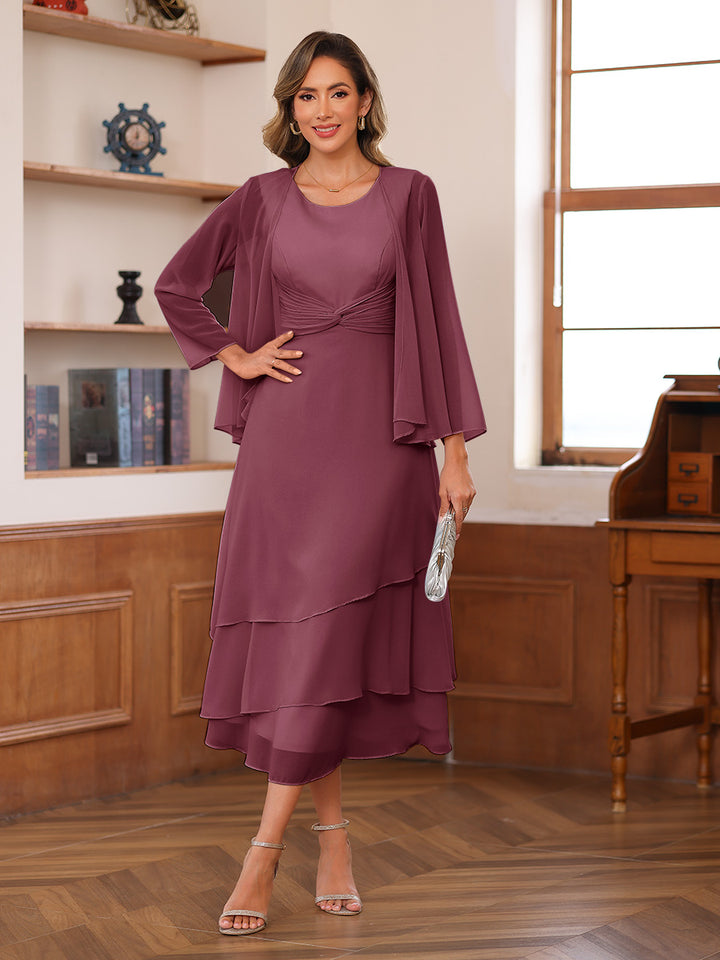A-Line/Princess Scoop Two Pieces Tiered Mother of the Bride Dresses with Jacket