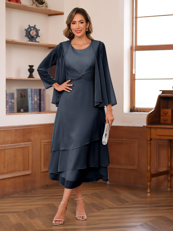 A-Line/Princess Scoop Two Pieces Tiered Mother of the Bride Dresses with Jacket