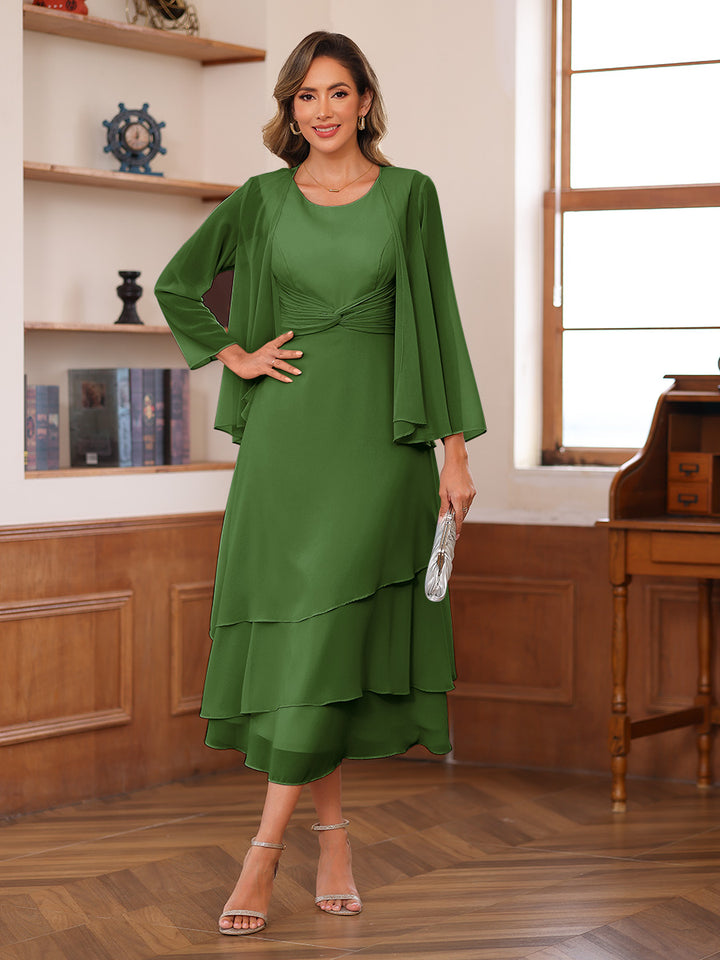 A-Line/Princess Scoop Two Pieces Tiered Mother of the Bride Dresses with Jacket