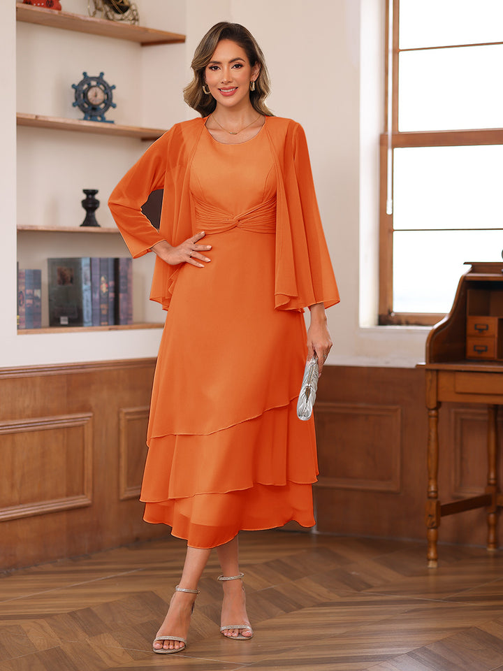 A-Line/Princess Scoop Two Pieces Tiered Mother of the Bride Dresses with Jacket