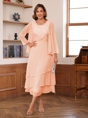 A-Line/Princess Scoop Two Pieces Tiered Mother of the Bride Dresses with Jacket