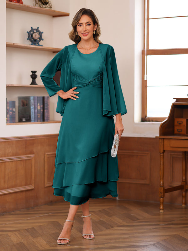 A-Line/Princess Scoop Two Pieces Tiered Mother of the Bride Dresses with Jacket