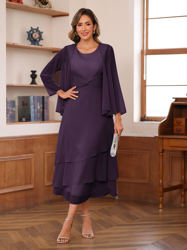 A-Line/Princess Scoop Two Pieces Tiered Mother of the Bride Dresses with Jacket