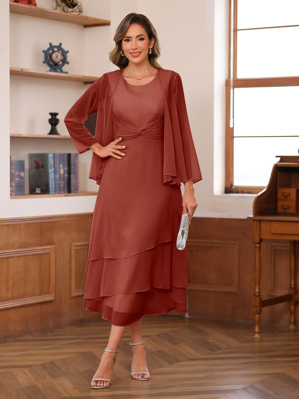 A-Line/Princess Scoop Two Pieces Tiered Mother of the Bride Dresses with Jacket