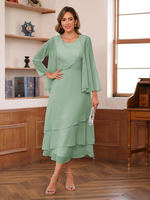 A-Line/Princess Scoop Two Pieces Tiered Mother of the Bride Dresses with Jacket