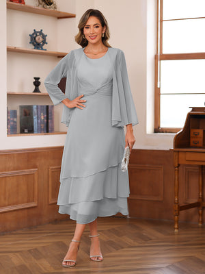 A-Line/Princess Scoop Two Pieces Tiered Mother of the Bride Dresses with Jacket