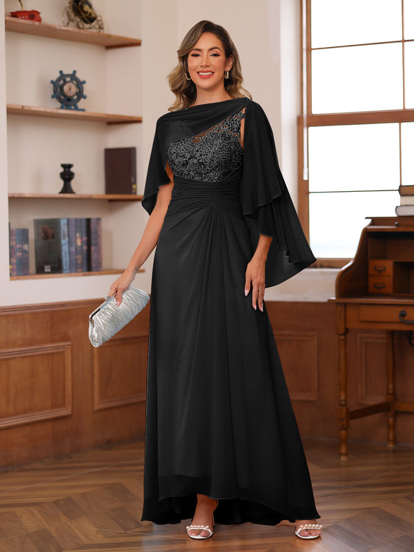 A-Line/Princess V-Neck Appliques Ruched Mother of the Bride Dresses with Cape