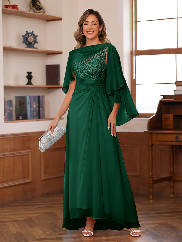 A-Line/Princess V-Neck Appliques Ruched Mother of the Bride Dresses with Cape