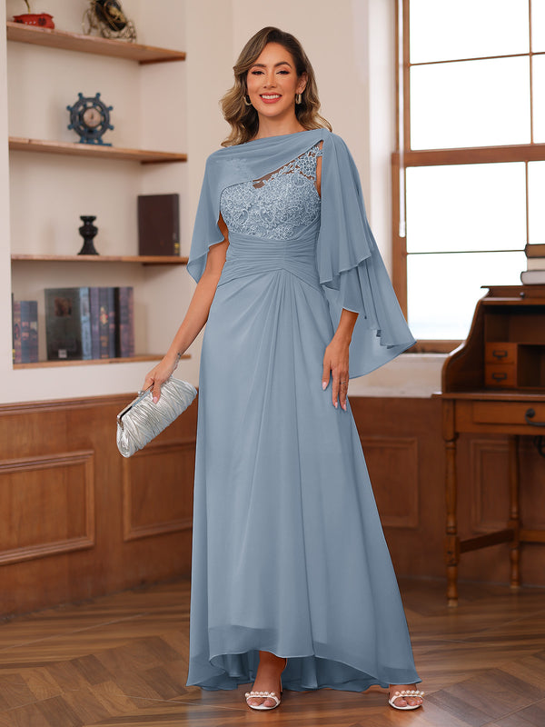 A-Line/Princess V-Neck Appliques Ruched Mother of the Bride Dresses with Cape