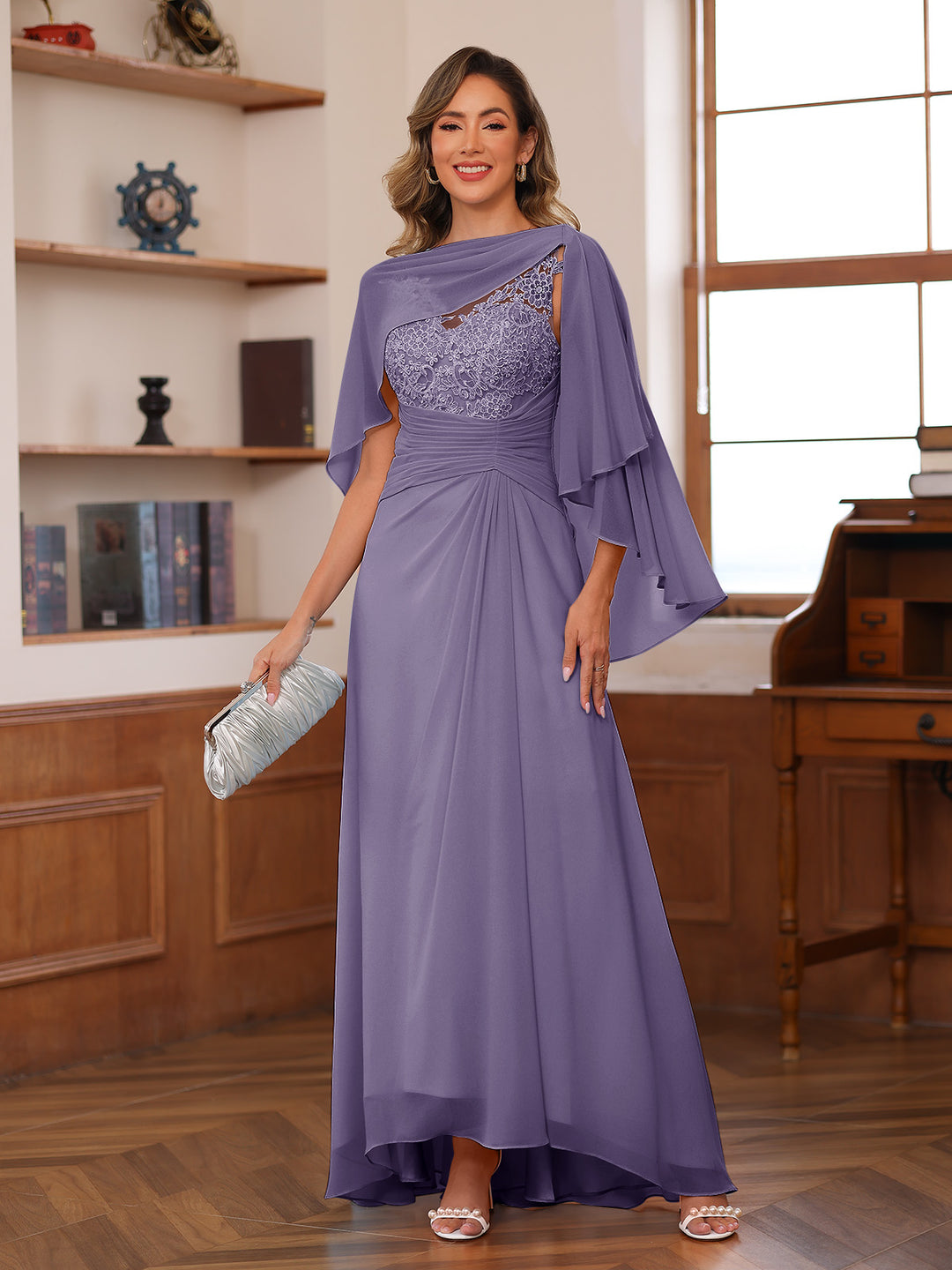 A-Line/Princess V-Neck Appliques Ruched Mother of the Bride Dresses with Cape