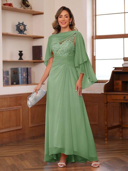 A-Line/Princess V-Neck Appliques Ruched Mother of the Bride Dresses with Cape