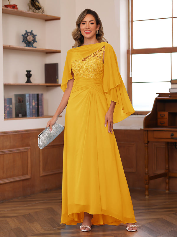 A-Line/Princess V-Neck Appliques Ruched Mother of the Bride Dresses with Cape