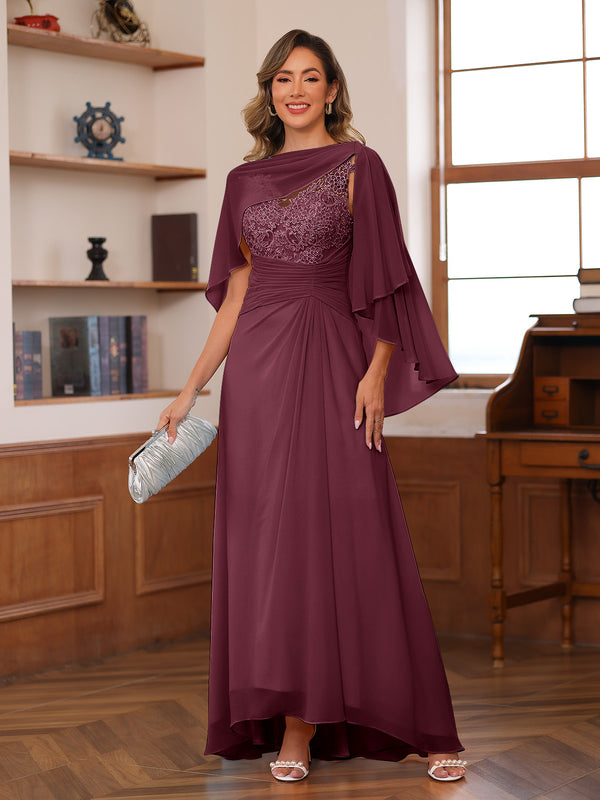 A-Line/Princess V-Neck Appliques Ruched Mother of the Bride Dresses with Cape