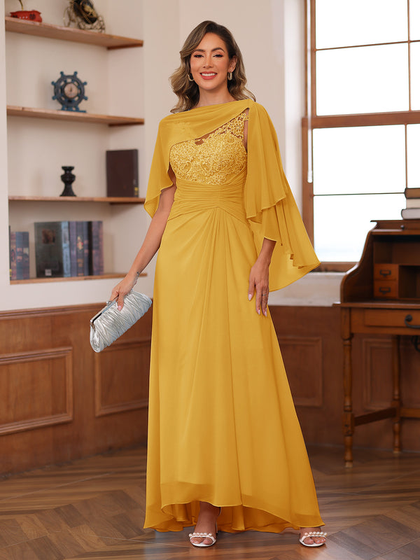 A-Line/Princess V-Neck Appliques Ruched Mother of the Bride Dresses with Cape