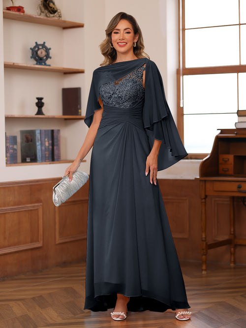 A-Line/Princess V-Neck Appliques Ruched Mother of the Bride Dresses with Cape