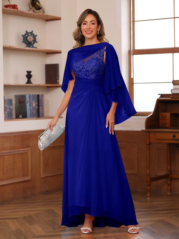 A-Line/Princess V-Neck Appliques Ruched Mother of the Bride Dresses with Cape